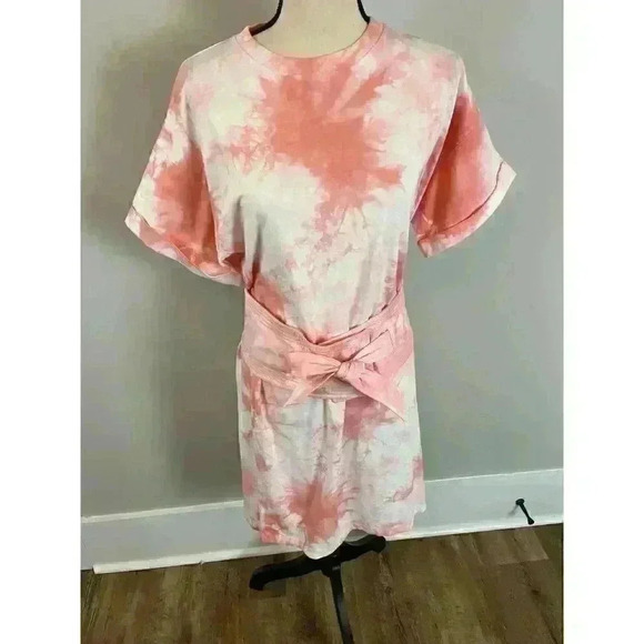 Rebecca Minkoff Dresses & Skirts - Rebecca Minkoff Tie Dye Pink T-Shirt Beach Dress With Belt Bow Rolled Sleeves XS